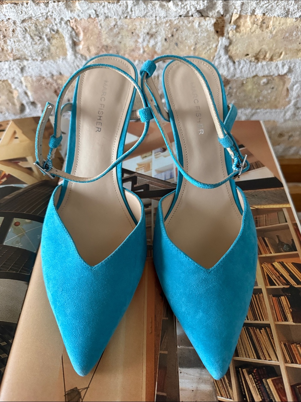 Marc Fisher Harbour Pump Suede Aqua Blue  pointy toe heels w/ ankle strap 9